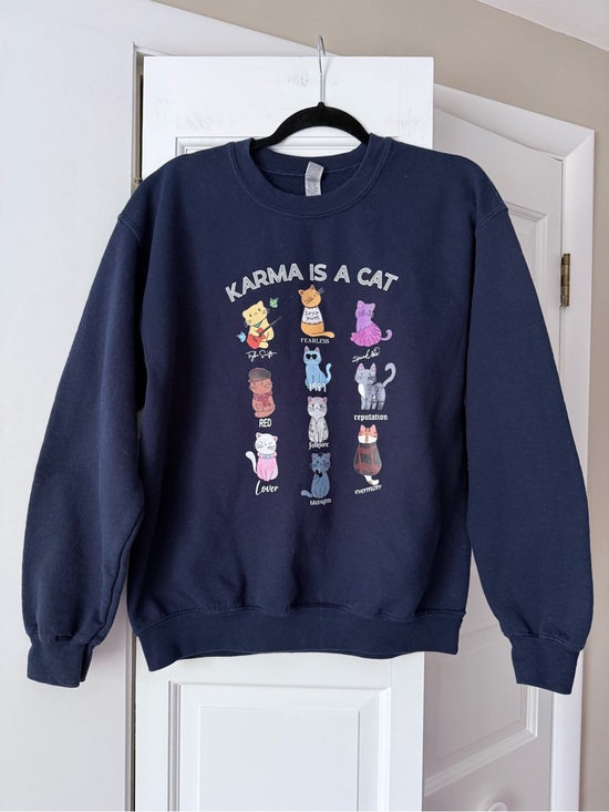 Taylor Swift Tops - Taylor Swift Inspired Karma Is A Cat Eras Graphic Sweatshirt Navy Medium